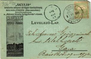 1906 Málnásfürdő, Baile Malnas, Malnas Bai; Málnási Siculia Gyógyforrás, Siculia természetes szénsavat sűrítőgyár részvénytársaság reklámja / carbonic acid condenser factory, soda factory advertising card (vágott / cut)