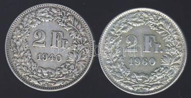 Svájc 1940 2Fr Ag + 1960 2Fr Ag T:2-/3+ apró ph