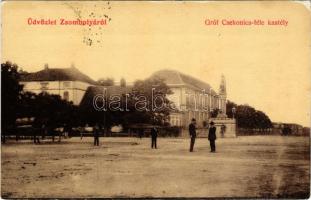 1908 Zsombolya, Hatzfeld, Jimbolia; Gróf Csekonics kastélya, Szent Flórián szobor. W.L. 424. / castle, monument (kis szakadás / small tear)