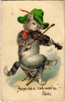 1927 Hegedülő macska / Cat playing the violin. WSSB 9805. litho