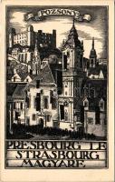 Pozsony, Pressburg, Bratislava; Pozsony a magyar Strassbourg! Itt sohse laktak csehek! Impr. Grafikai Intézet Rt. Cseh-ellenes irredenta propaganda lap / Pressburg (Bratislava) is the Hungarian Strassbourg! Czechs have never lived here! Hungarian Anti-Czech irredenta propaganda card s: Zádor István (r)