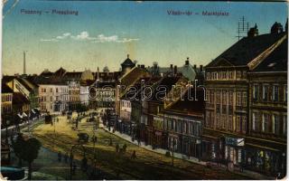 1914 Pozsony, Pressburg, Bratislava; Vásár tér, piac, üzletek, lóvasút / Marktplatz / market square, shops (ázott sarok / wet corner)