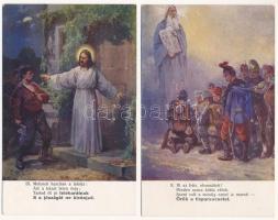 10 db RÉGI első világháborús katonai-vallásos művészlap: A Tízparancsolat, teljes sorozat / 10 WWI K...