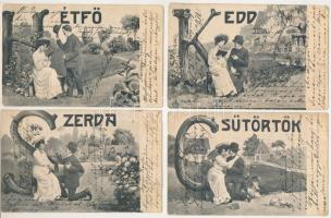 A hét napjai - 7 db régi romantikus képeslap szerelmespárral, teljes sorozat (Hétfő, Kedd, Szerda, C...