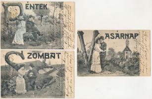 A hét napjai - 7 db régi romantikus képeslap szerelmespárral, teljes sorozat (Hétfő, Kedd, Szerda, C...