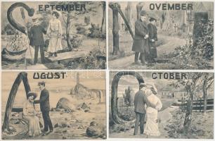 Az év hónapjai - 4 db régi (1905 előtti) romantikus képeslap szerelmespárral, egy sorozatból (Augusz...