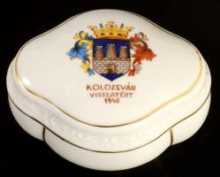 1940 Drasche "Kolozsvár visszatért" emlék bonbonier, jelzett, fedelen kis lepattanással, 1...