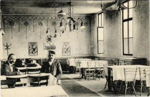 Budapest II. Menovits Sándor étterme, belső Kőbányai polgári serfőzde és Beketow cirkusz reklámplaká...