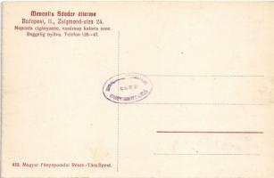 Budapest II. Menovits Sándor étterme, belső Kőbányai polgári serfőzde és Beketow cirkusz reklámplaká...