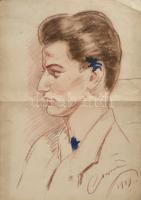 Olvashatatlan jelzéssel: Forgács Ernő (1930-2019) labdarúgó, az FTC játékosának és későbbi utánpótlásedzőjének portréja, 1949. Pasztell, papír. Szakadásokkal, hajtásnyommal. 43x30,5