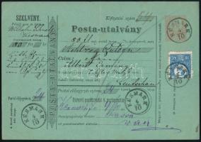 1874 5kr díjjegyes zöld Postautalvány Réznyomat 10kr díjkiegészítéssel / PS-money order with 10kr ad...