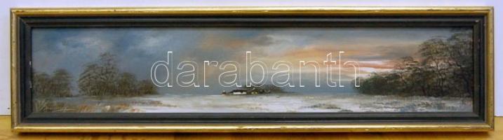 Barnóczky György (1948-): Téli tanya olaj-farost, jelzett, keretben 20x78 cm