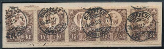 1871 Réznyomat 15kr ötöscsík kivágáson, papírra ragasztva / Mi 12 stripe of 5 fixed to a piece of pa...