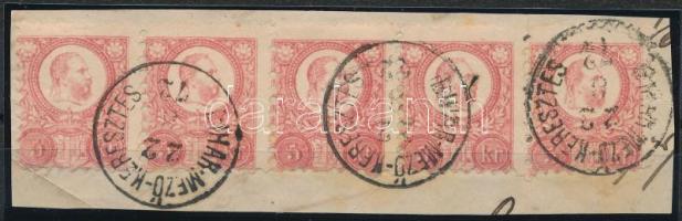 1871 Réznyomat 5kr ötöscsík kivágáson / Mi 10 stripe of 5 on cutting "BIHAR-MEZŐ-KERESZTES&quot...