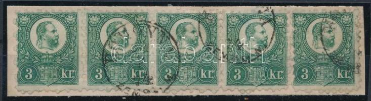 1871 Réznyomat 3kr zöld négyescsík + önálló érték / Mi 9 green stripe of 4 + 1 stamp "HOMONNA /...