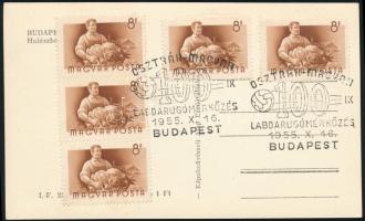 1955 Címzetlen Budapest képeslap Munka 5 x 8f bérmentesítéssel, "100. OSZTRÁK-MAGYAR LABDARUGÓMÉRKŐZÉS 1955.X.16. BUDAPEST" alkalmi bélyegzéssel, luxus minőségben