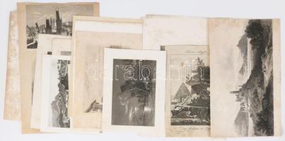 21 db XIX. sz.-i vegyes európai városképes acél és fametszet, francia, spanyol, svájci, német, török városok   21 19th century mixed European cityscape steel and woodcuts, French, Spanish, Swiss, German, Turkish cities