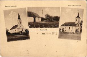 1930 Irsa (Albertirsa), evangélikus templom, utcarészlet, római katolikus templom. Özv. Lőrincné kiadása (EB)