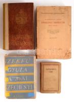 4 db gróf Széchenyi Istvánnal kapcsolatos könyv: Széchenyi igéi. Bp., 1921, Pallas. Kiadói papírkötés, sérült borítóval, hiányzó gerinccel. + Gr. Széchenyi István döblingi irodalmi hagyatéka. Szerk. és bevezetéssel ellátta: Károlyi Árpád. II. köt. Bp., 1922, Magyar Történelmi Társulat. Kiadói papírkötés, sérült, foltos borítóval, hiányzó gerinccel, helyenként kissé sérült lapszélekkel. + A mai Széchenyi. Eredeti szövegek Széchenyi István munkáiból. Vál., bev. és jegyzetekkel ellátta: Szekfű Gyula. Bp., 1935, Révai. Kiadói papírkötés, sérült, széteső állapotban. + Gróf Széchenyi István naplói. Bev., vál. és ford.: Bóka László. Bp., [1943], Ardói. Javított félvászon-kötésben, néhány kissé sérült lappal, lapszéli ázásnyomokkal.