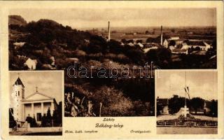 1943 Zákány, Zákány-telep; látkép, római katolikus templom, Országzászló + "M. Kir. Mozgóposta 410" (fa)