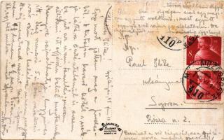 1943 Zákány, Zákány-telep; látkép, római katolikus templom, Országzászló + "M. Kir. Mozgóposta ...