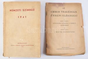 2 db színház témájú kiadvány: Nemzeti Színház 1941. Bp., 1942, Nemzeti Színház Igazgatósága (Pesti Lloyd-ny.), 430+[2] p. Oldalszámozáson kívül fekete-fehér képtáblákkal. Kiadói papírkötés, kissé sérült borítóval. + Az ember tragédiája ünnepi előadásai. I. Rédey Tivadar: Ötszázadik előadása a Nemzeti Színházban. II. Németh Antal: A Burgtheater bemutatója. Különlenyomat a "Napkelet" 1934. évi márciusi számából. Kiadói tűzött papírkötés, sérülésekkel, ázásnyomokkal, 10 p.
