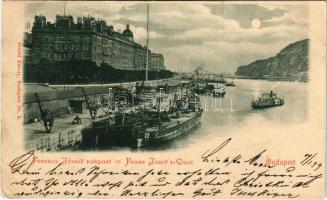 1899 Budapest V. Ferenc József rakpart este holdfényben, gőzhajó. Divald Károly 9. sz. (vágott / cut)