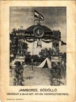 1933 Gödöllő, IV. Jamboree, Üdvözlet a 28-as Szt. István Cserkésztáborból, tábori kapu, magyar zászló. Tervezte Muszély Ágoston rajztanár. Lehóczky felvétele / Hungarian boy scout group's decorated gate, Hungarian flag, World Scout Jamboree (gyűrődések / creases)