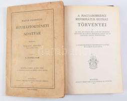 2 db református egyházzal kapcsolatos kiadvány: A Magyarországi Református Egyház törvényei. Az 1928. évi május hó 8. napján megnyílt negyedik budapesti országos zsinat által alkotott kilenc törvénycikk. Bp., 1933, Bethlen Gábor-ny., 326 p. Kiadói egészvászon-kötés. + Pokoly József (szerk.): Magyar protestáns egyháztörténeti adattár. X. évfolyam. Bp., 1911, Magyar Protestáns Irodalmi Társaság, 164 p. Kiadói papírkötés, kissé sérült, foltos borítóval, helyenként kissé foltos lapokkal, nagyrészt felvágatlan.