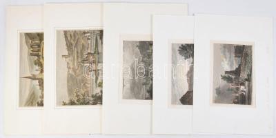 ca 1840 4 db színezett városképes német acélmetszet: Bingen, Rüdesheim, Johannesberg, Bacharach, Pfalz. 18x13 cm ig, paszpartuban