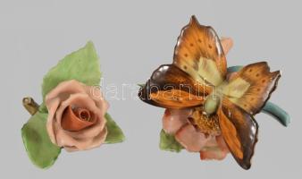 Herendi lepke és rózsa figurák, jelzett, sérüléssel, h: 9-11 cm