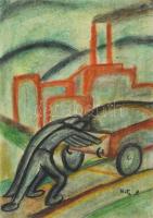 Uitz B jelzéssel: Munkában. Vegyes technika, papír, 42x29,5 cm