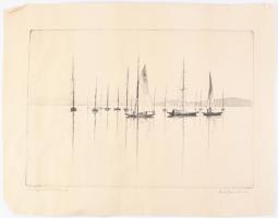 Zádor István (1882-1963): Szélcsend a Balatonon. Rézkarc, papír, jelzett, sérült, 23×33,5 cm