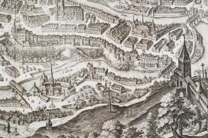 (Fribourg Svájc rézmetszetű látképe), Freyburg im Uchtland - Fryburgum Nuitoniae. 1650. Matthäus Mer...