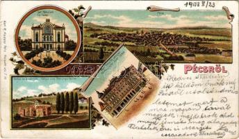 Pécs, Izraelita templom, zsinagóga, Tettye és a várrom, Pécsi Takarékpénztár. Karl M. kiadása. Art N...