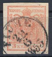 1850 3kr HP III. óriási vízjellel, papierkorn "FIUME 1853"