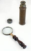 cca 1900 Antik távcső, nagyító és iránytű, fa dobozban, 22x9 cm