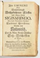Mathias Fuhrmann: Alt- und Neues Oesterreich. Wien, 1734. Johann Ignaz Heyinger 1734. 1 t 17 lev., 488 p., 12 l., 37 egészoldalas és dupla rézmetszetű tábla (Térképek, látképek, portrék, éremképek) Korabeli kissé sérült egészbőr kötésben, címlap hiányzik.  37 full-page and double copperplate plates (Maps, views, portraits, medallions) in a slightly damaged full-leather binding from the period, title page missing.