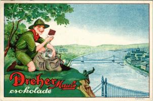 1933 Dreher Maul csokoládé reklámlapja, cserkész a Gellért-hegyen. Piatnik Rt. / Hungarian chocolate advertisement card with boy scout (Rb)