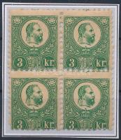 1871 Réznyomat 3kr négyestömb, felső 2 bélyeg falcos, alsó 2 postatiszta, elfogazva / Mi 9 block of ...