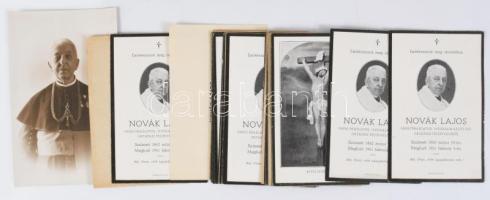 cca 1925-1941 Novák Lajos (1842-1941) egyházi író, kanonok, pápai prelátus portréja, fotólap + névjegykártyája + 60 éves papi jubileuma alkalmából tartott ünnepség programja + szentképek/emlékkártyák