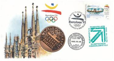 Magyarország 1992. Papp László (1947-) "Barcelonai Olimpia - Magyar Csapat / Vívás" kétoldalas bronz emlékérem érmés borítékban, bélyeggel, első napi és alkalmi bélyegzéssel (42,5mm) T:UNC