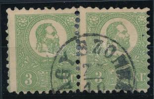 1871 Kőnyomat 3kr zöld vízszintes pár / Mi 2 pair "(N)AGY SZOMBA(T)" (fent elvált fogak / ...