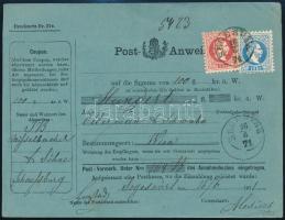 1871 5kr + 10kr Postautalványon / on money order "SEGESVÁR" - Wien