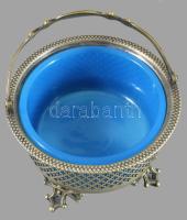 cca 1880-1900 Vajkínáló edény, opalinüveg betéttel. Ezüstözött alpakka, opalinüveg, osztrák vagy cse...