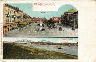 Szolnok, Piac tér, vasúti vashíd, gőzmozdony. Bakos István kiadása, Ragács felvétele (kopott sarkak ...