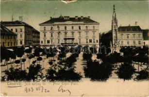 1903 Temesvár, Timisoara; Városháza, Jenő herceg tér, Uhrmann üzlete, Temesi Agrár Takarékpénztár / Stadthaus (Prinz Eugen-Platz) / town hall, shop (szakadás / tear)