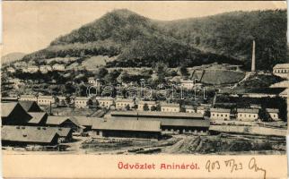 1903 Anina, Stájerlakanina, Stájerlak, Steierdorf; vasgyár látképe. Hiányos, eredetileg három részes kihajtható panorámalap középső eleme / iron works, factory. Middle item of a 3-tiled folding panoramacard (b)