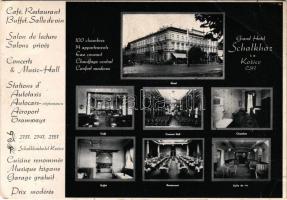1938 Kassa, Kosice; Grand Hotel Schalkház / Schalkház szálloda reklámlapja, étterem és kávéház, büfé, koncertterem, bor terem, belsők / hotel advertisement card, restaurant, café, buffet, wine room, interiors + "1938 Kassa visszatért" So. Stpl. (szakadás / tear)