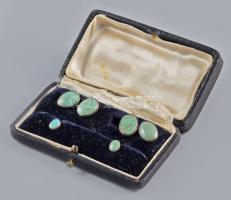 cca 1920 Arany (Au) mandzsetta készlet, türkiz berakásokkal. Jelzett, Pest, 1987-1937 közötti fémjel, 14 karátos arany, bruttó 10,2g, díszdobozban
